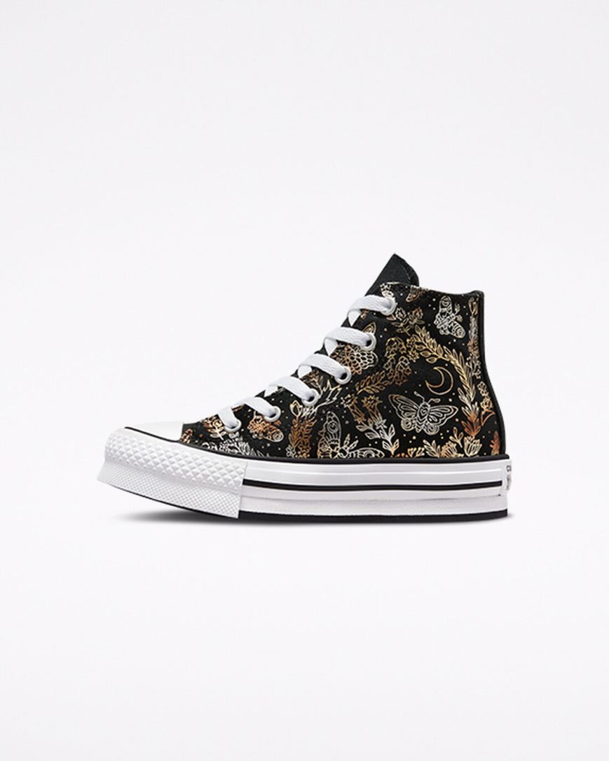 Girls' Converse Chuck Taylor All Star EVA Lift Butterfly Shine High Top Platform Shoes Black / Gold / White | AU C0935T